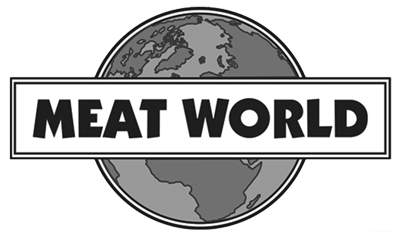 meatw logo 400 A grayscale illustration of a globe with the text "MEAT WORLD" in bold letters across the center.