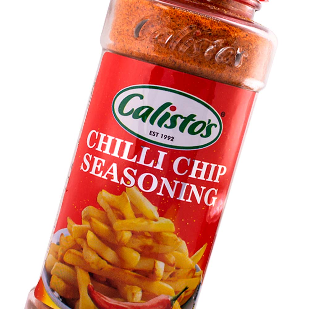 chillichip zoom sml Calisto’s Chilli Chip Seasoning - spicy seasoning blend for chips, fries, and savoury snacks. Close up.