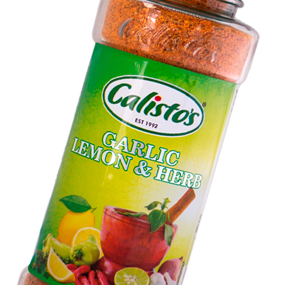 garliclemonherb zoom sml Calisto’s Spice - Garlic, Lemon & Herb - zesty seasoning blend for chicken, seafood, and vegetables. Close up.