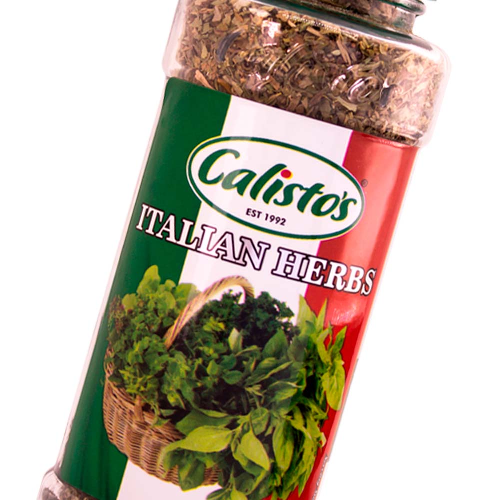 italianherb zoom sml Calisto’s Italian Herbs - classic herb blend for pasta, pizza, and Mediterranean cooking. Close up.