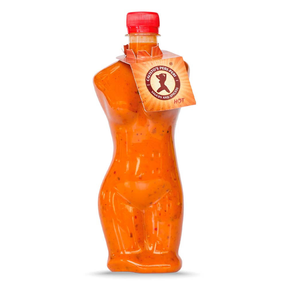 senhoritahot sml Calisto’s Senhorita Peri-Peri Sauce - Hot - extra spicy peri-peri sauce in a woman-shaped bottle.