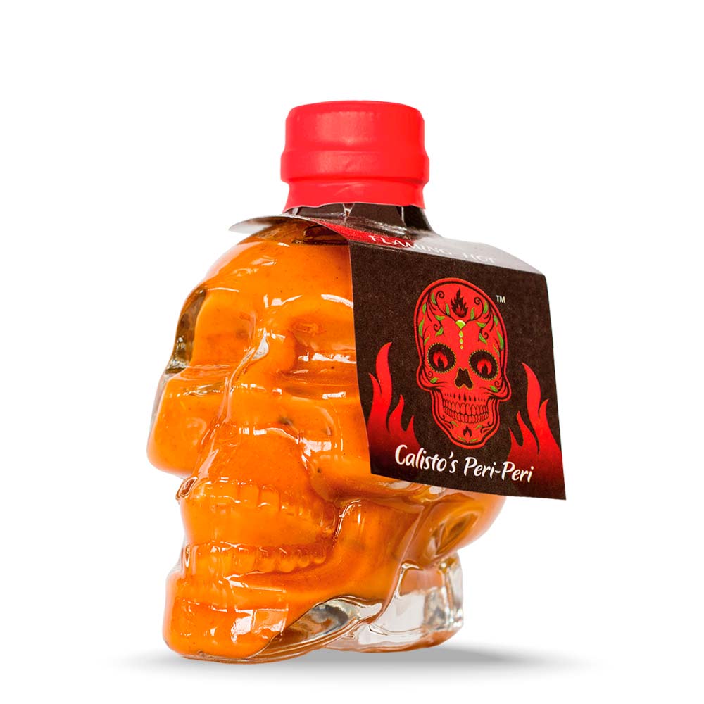 skullflaming sml Calisto’s Skull Peri-Peri Sauce - Flaming Hot - ultra-spicy peri-peri sauce for heat lovers.